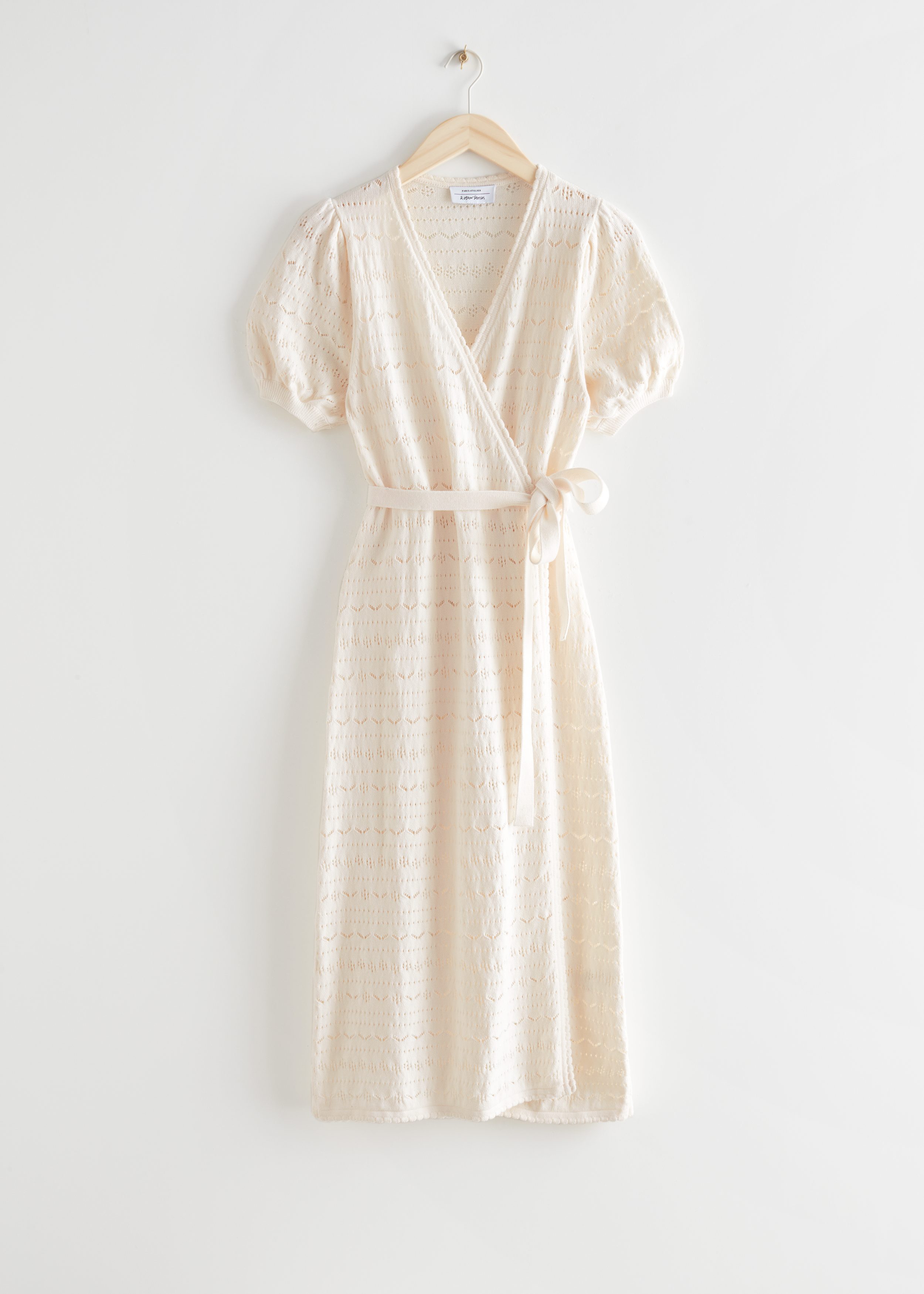 Pointelle Knit Midi Wrap Dress Cream ...